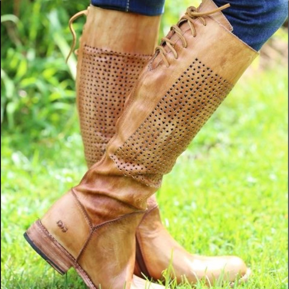 Bed Stu Tan Lace-Up Perforated Knee-High Boots